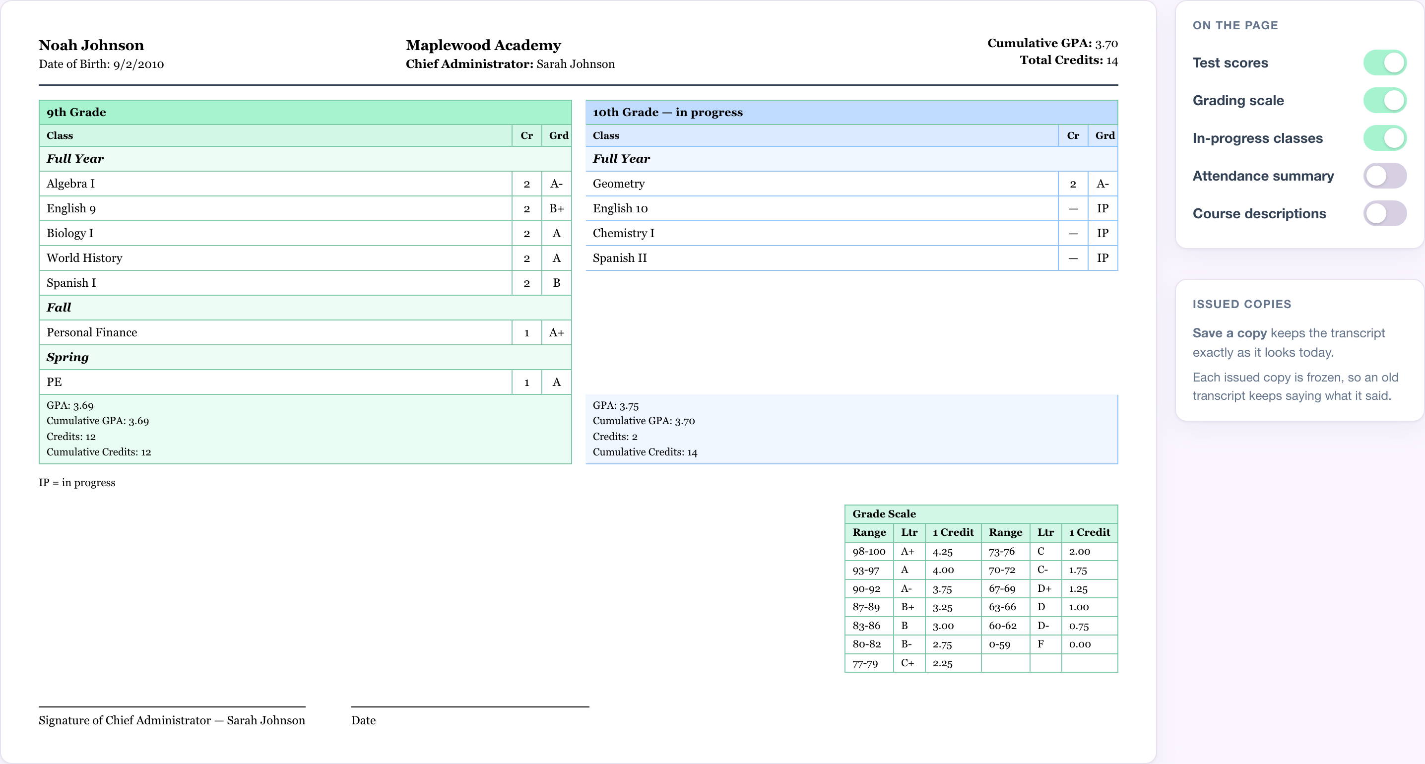 A college-ready transcript, grades by year with GPA, credit totals, and toggles for what prints on the page.